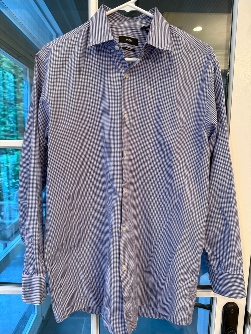 Hugo Boss Blue Micro-Check Spread Collar Dress Shirt